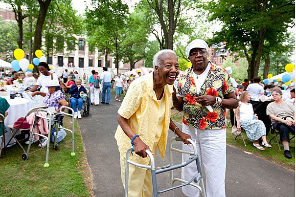 Erna Benjamin and Joyce Lee Smith enjoy the the 35th Annual Harvard Yard Picnic for Cambridge senior citizens, which is sponsored by the Office of the Mayor for Cambridge and the Office of the President of Harvard University.