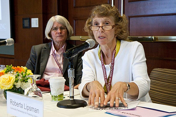Roberta Lipsman (right), of Community Partnerships for Protecting Children in Portland, said her organization’s goal is to support children and families so the children stay out of state care. Julie Wilson (left), director of the Malcolm Wiener Center for Social Policy, opened the Aug. 5 forum at the Harvard Kennedy School.
