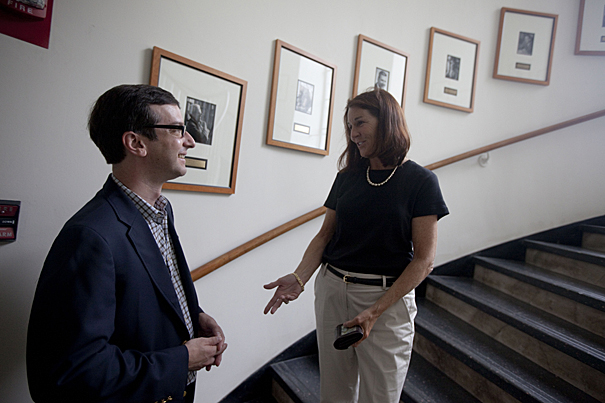 "Saving for retirement should not be like buying a lottery ticket," says Robert I. Goldman Professor of Economics David Laibson, seen here with Patricia Boudrot, manager of financial administration in the Department of Economics.