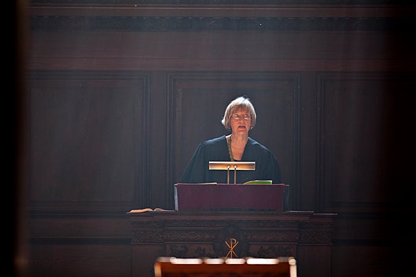 During Morning Prayers in Appleton Chapel, President Drew Faust challenged both the University and its students to continue working to ensure that students of “every race, gender, and circumstance” know that they belong in the Harvard community. 