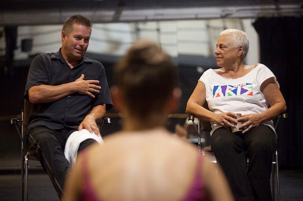 “Listen to the music," Boston Ballet Artistic Director Mikko Nissinen (left) told students from Office for the Arts' Dance Program. "The music tells you more than you think.” Nissinen, seen here with Elizabeth Bergmann (right), director of the dance program, gave a master class on campus.