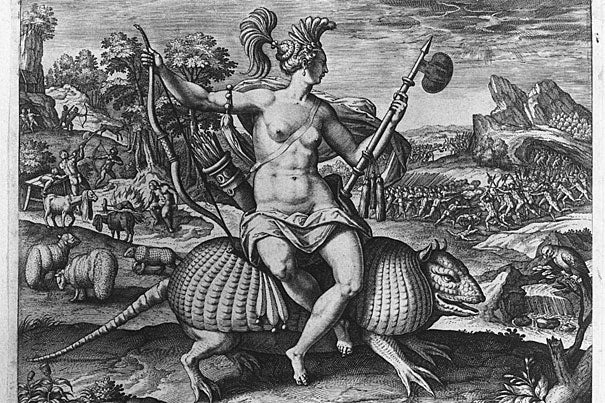 Adriaen Collaert’s “America” (c. 1588-89) shows a nearly naked native woman astride an armadillo, holding examples of the martial arts associated with the New World, a battle ax and a bow and arrow.