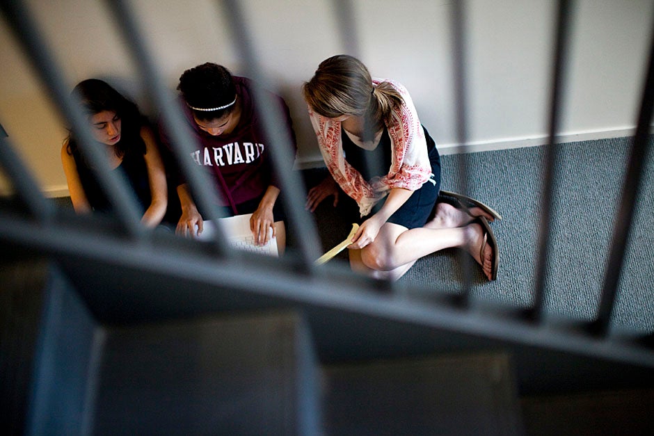 Away from it all â¦ and in a stairwell. Aviva Hakanoglu '14, Meisha Brooks '14, and Ali Slaight '14 focus in a quiet space. Stephanie Mitchell/Harvard Staff Photographer