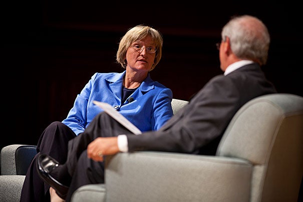 President Drew Faust answers questions posed by Charlie Gibson during her opening-year dialogue at Sanders Theatre.