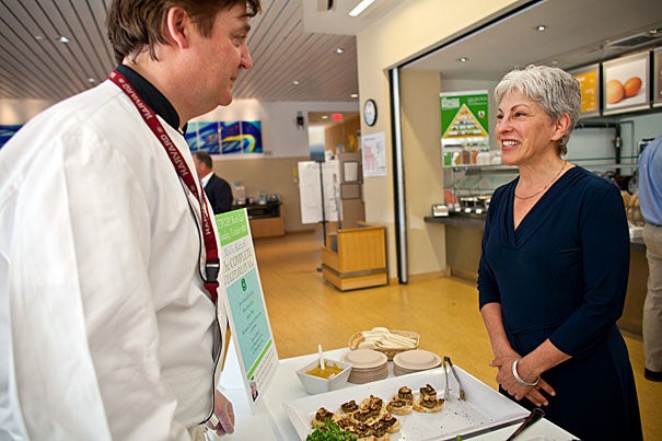 Noted chef Mollie Katzen, who is also a member of the Harvard University Hospitality and Dining Services advisory committee, meets with Martin Breslin, HUDS director for culinary operations.