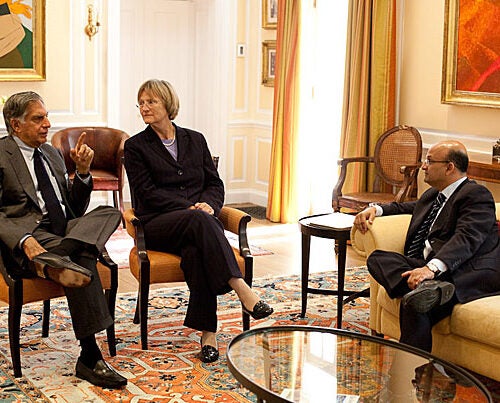 Harvard Business School has received a gift of $50 million from the Tata Trusts and Companies. This marks the School’s largest international donation in its 102-year history. Ratan Tata (from left), the chairman of Tata Sons Ltd., meets with Harvard President Drew Faust and Harvard Business School Dean Nitin Nohria.