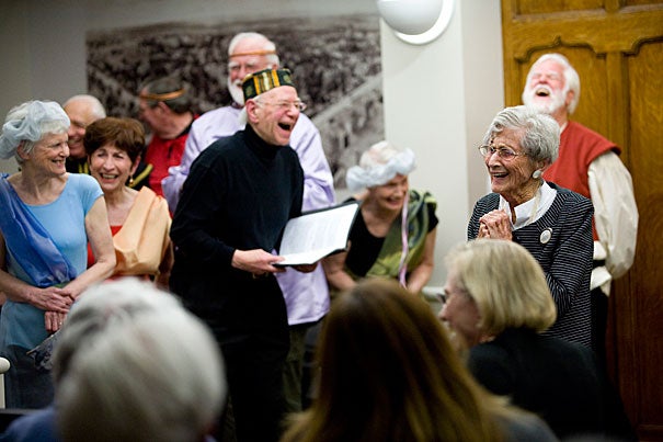 It's a full life for retirees at Harvard. In addition to the Harvard University Retirees Association, there's the Harvard Institute for Learning in Retirement. Last year they performed a medley of Shakespearean scenes to celebrate the 100th birthday of member Frances Addelson (far right).