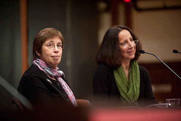 Linda Greenhouse (left), a former New York Times reporter and now the Joseph Goldstein Lecturer in Law at Yale University, and Reva Siegel, the Nicholas deB. Katzenbach Professor of Law at Yale, provided new perspectives on interpreting Roe v. Wade in a talk at Radcliffe Nov. 4. “More than we expected, we found ourselves documenting political conflict which emerged … before the Supreme Court said a word,” Greenhouse told the audience.