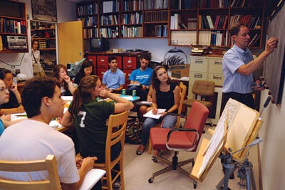 David Cardozo, associate dean for basic graduate studies and assistant professor of neurobiology at Harvard Medical School, teaches students about the human nervous system in Professor David Hubel's class.