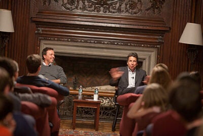 Peter (left) and Bobby Farrelly entertained Kirkland House in the popular series “Conversations with Kirkland.” 