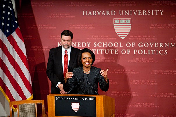 In her talk at the Harvard Kennedy School, Condoleezza Rice argued for an American foreign policy toward Africa that will promote internal and international stability, as well as the American ideal of democratic governance. Harvard Kennedy School Dean David T. Ellwood is pictured behind Rice.
