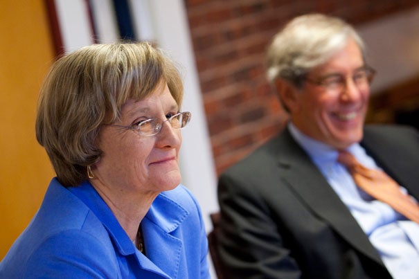 Harvard President Drew Faust (left) and Robert Reischauer, the Corporation’s senior fellow, discuss the changes within the Corporation, including its first expansion since its creation 360 years ago.
