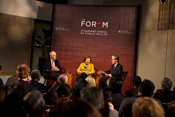 Launching The Forum at Harvard School of Public Health, a high-profile foray into health communications, were CNN founder Ted Turner (from left), former health editor of The Washington Post Abigail Trafford, and Dean Julio Frenk. During the hour-long program, Frenk discussed key challenges in global health.