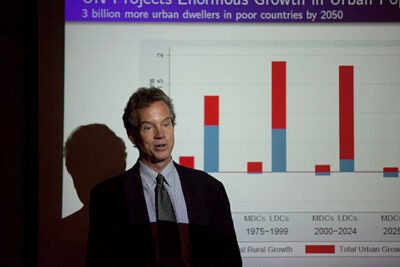 Because of a lack of investment in infrastructure, the developing world is already vulnerable to effects that climate change is expected to make worse, Mark Montgomery told his audience at Harvard’s Center for Population and Development Studies. The professor of economics from Stony Brook University used last summer’s flooding in Pakistan, which left millions of people homeless and destroyed bridges, homes, schools, and hospitals, as an example.