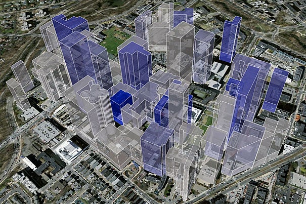 The above schematic represents the relationship between intra-building collaboration and citations. The height of each building reflects the average number of publication citations originating there, and the color reflects the degree to which authors on those publications cohabitated (from gray=low to blue=high). The graphic depicts that, in general, buildings with more intra-building collaborations produced studies with higher citation rates.