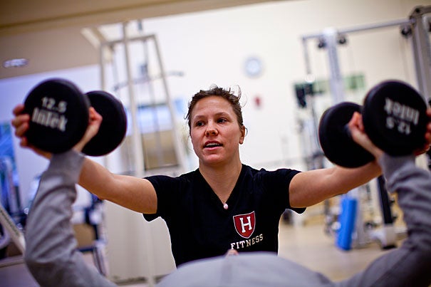Co-sponsored by the Harvard Recreation Department and the Center for Wellness, Maintain Don’t Gain pits teams of four to six people against each other for prizes such as personal training sessions, private classes for the team, a massage, a team lunch — “and bragging rights,” says Kerry L. Smith, programs manager and a personal trainer at Hemenway Gymnasium. A similar program, Team Fitness Challenge, kicks off Jan. 31.