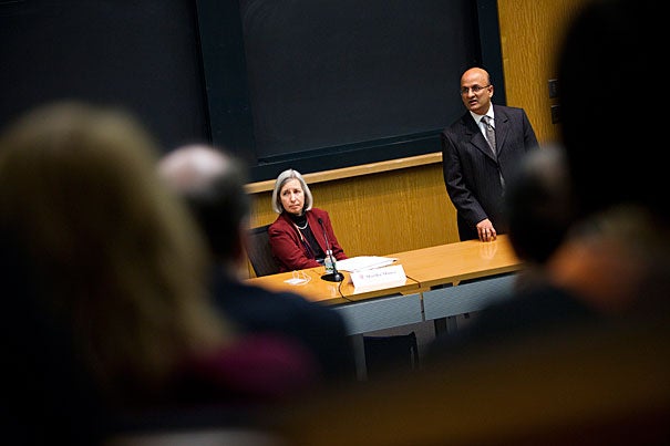 For the first session, “Strategic Decision-Making in International Affairs,”  Jorge Dominguez, the vice provost for international affairs, was joined by HLS Dean Martha Minow (seated left), and HBS Dean Nitin Nohria (right). Nohria said the global environment for business schools is changing rapidly. “Our edge is … that we can bring to anyplace in the world the best global thinking. If we can do that, I think the best and the brightest from around the world … will still choose to come to us.”   