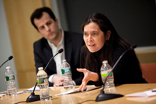 The first of three symposia this semester on teaching and learning brought together David Malan (left), a lecturer on computer science, A.R.T. Artistic Director Diane Paulus (right), and Christopher Winship, the Diker-Tishman Professor of Sociology. In his opening remarks, FAS Dean Michael D. Smith said schools are going “beyond the traditional college lecture format in which the student is simply a passive listener."