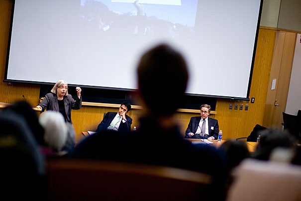 Theda Skocpol (from left) of Harvard University, Amitabh Chandra of Harvard Kennedy School, and Paul Starr of Princeton University spoke at a Harvard Kennedy School panel discussion on the impact, failures, and future of health care reform.
