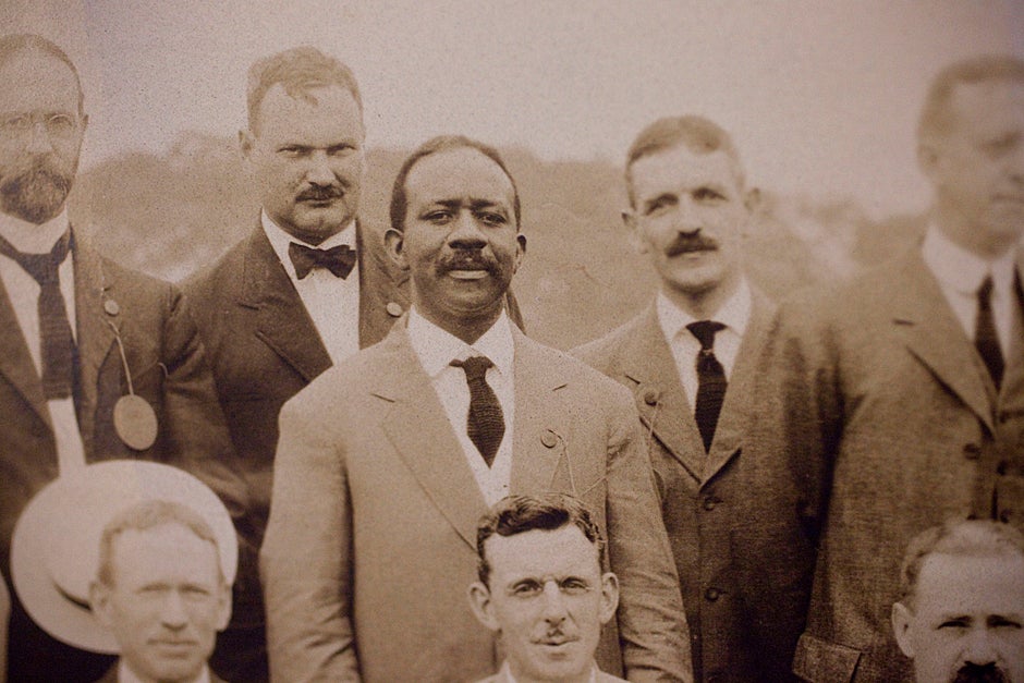 Detail of Clement G. Morgan (center) in a group photo of the 20th Class Reunion of the Class of 1890 on June 28, 1910 in Tempest Knob. Morgan, A.B. 1890, L.L.B. 1893, was the first African American to hold degrees from both Harvard College and Harvard Law School. Credit: Harvard University Archives, HUPSF Class of 1890 (PA 1)