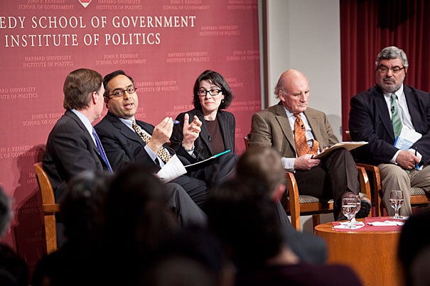 As Egyptians continued to occupy Tahrir Square Thursday night (Feb. 3), several Harvard experts offered their views on the wave of pro-democratic demonstrations in an event at the John F. Kennedy Jr. Forum at the Institute of Politics. Moderated by Nicholas Burns (far left), the panel included Tarek Masoud, Malika Zeghal, Roger Owen, and Rami Khouri.