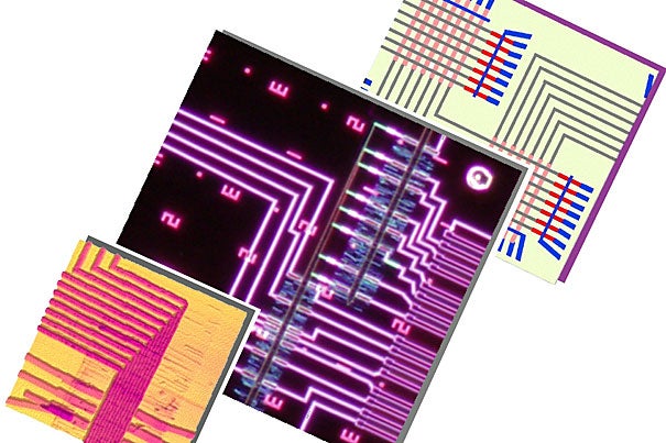 The versatile nanoscale circuits are assembled into tiny tilelike nanoprocessors from sets of precisely engineered and fabricated germanium-silicon wires with functional oxide shells, having a total diameter of only 30 nanometers. Shown here are atomic force (left) and optical microscopy (center) images of a programmable nanowire nanoprocessor, and a corresponding schematic (right) of the nanowire circuit architecture. Image courtesy of Charles M. Lieber