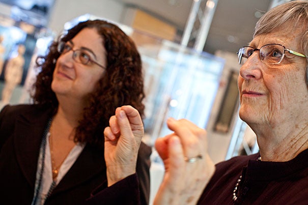“We are teaching students and visitors about a way of engaging the world and a way of engaging history,” said Laurel Ulrich (right), Harvard’s 300th Anniversary University Professor, who helped to develop the "Tangible Things" exhibit with Ivan Gaskell, Margaret S. Winthrop Curator and senior lecturer on history. Sara Schechner (left) is the David P. Wheatland Curator of the Collection of Historical Scientific Instruments, which houses the core of the exhibition.