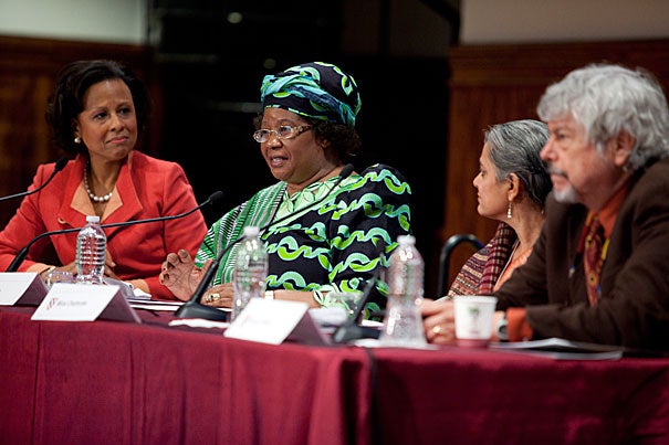 "Driving Change Shaping Lives: Gender in the Developing World," a two-day gender conference at Radcliffe, included moderator Paula A. Johnson (from left), Joyce Banda, Mirai Chatterjee, and Kirk R. Smith. In a brief summary of the conference, Jacqueline Bhabha, the Jeremiah Smith Jr. Lecturer in Law at Harvard Law School, acknowledged that empowering women in the developing world requires both top-down and bottom-up approaches.