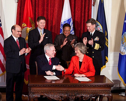 Harvard University will again host a Reserve Officers' Training Corps (ROTC) program on campus. The agreement, signed Friday afternoon at Loeb House by Secretary of the Navy Ray Mabus (left) and President Drew Faust, will end a 40-year hiatus. 