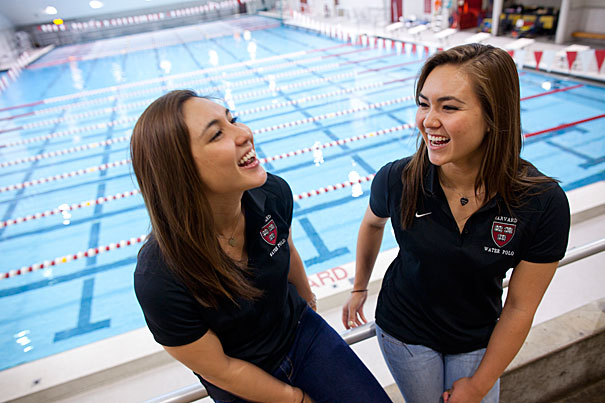“This was always our dream school,” said Shayna Price (right), who was recruited to Harvard a year after her sister Aisha '13. Both sisters play water polo, and Aisha is also on the soccer team. “Not just because it’s Harvard, but because it’s Harvard and we get the athletic experience as well.”