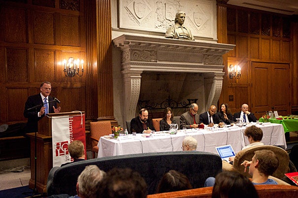 James Kloppenberg (at podium) fielded questions on his book "Reading Obama" from Michael Frazer (from left), Alexis Gelber, moderator Homi Bhabha, Peniel Joseph, and Elisa New. The panelists pressed Kloppenberg on whether Obama’s strengths as a thoughtful political analyst serve him well now that he is faced with hard realities of governing with an unyielding opposition.