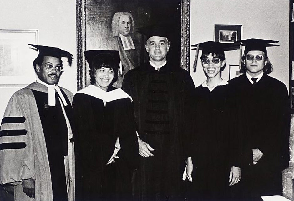 The Rev. Peter J. Gomes (from left) is pictured with Matina Horner and Derek Bok during Harvard's Commencement in 1973. Photo courtesy of Schlesinger Library, Radcliffe Institute, Harvard University