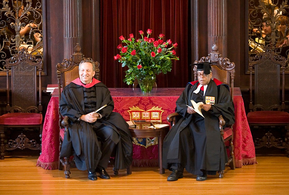 Harvard President Lawrence Summers (left) and the Rev. Peter J. Gomes lead the Baccalaureate Service for seniors and their families in Memorial Church in 2006. Stephanie Mitchell/Harvard Staff Photographer