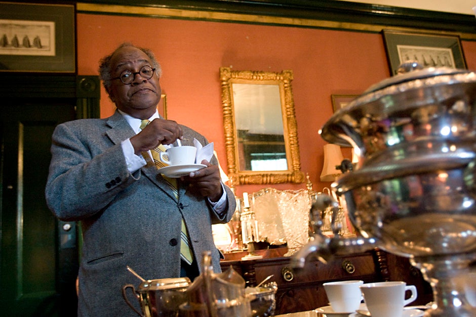 September 2009. Rev. Peter J. Gomes, Plummer Professor of Christian Morals and Pusey Minister in the Memorial Church, hosts Wednesday Tea, a weekly tradition during term inside Sparks House at Harvard University. Kris Snibbe/Harvard Staff Photographer
