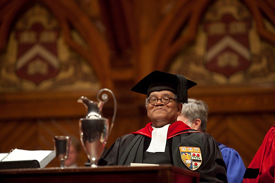 Rev. Peter J. Gomes, Plummer Professor of Christian Morals and Pusey Minister in the Memorial Church, attends the Phi Beta Kappa Literary Exercises inside Sanders Theatre in May 2010. Kris Snibbe/Harvard Staff Photographer