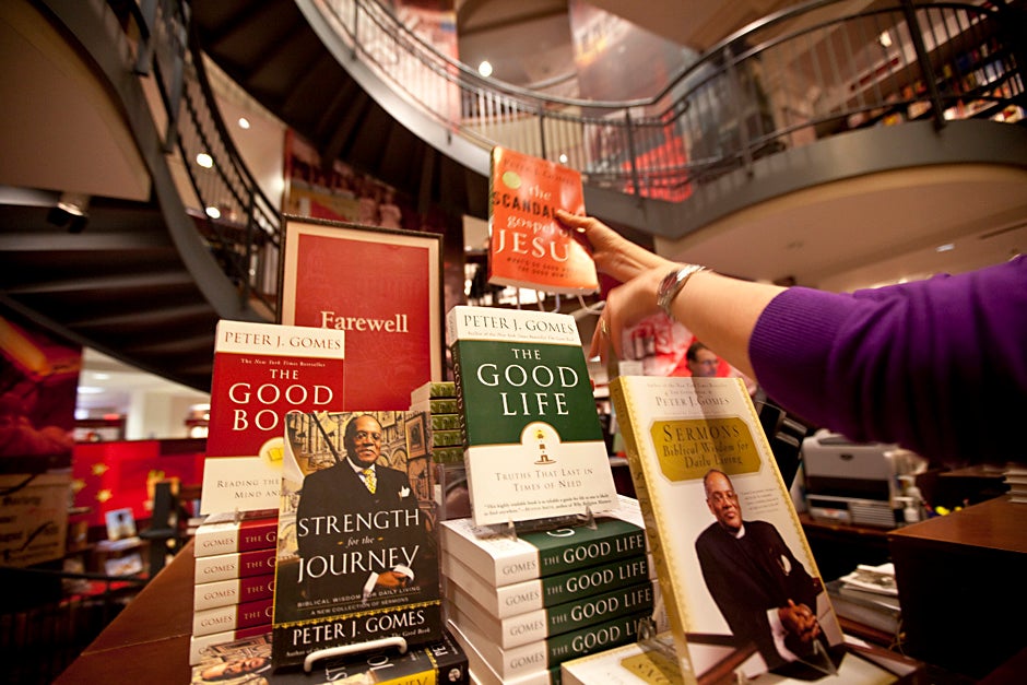 The Harvard Coop stocks a collection of  books written by the late Rev. Peter J. Gomes, Plummer Professor of Christian Morals and Pusey Minister in the Memorial Church, who passed away on Feb. 28, 2011. Kris Snibbe/Harvard Staff Photographer