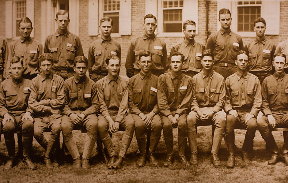 Harvard University Archives image. Inscription reads, "Company F, Harvard ROTC 1918." Stephanie Mitchell/Harvard Staff Photographer