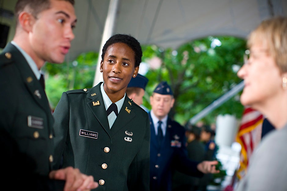 U.S. Army 2nd Lt. J. Danielle Williams (center) and 2nd Lt. Jason M. Scherer talk with Harvard President Drew Faust prior to the 2008 ROTC commissioning ceremony. Justin Ide/Harvard Staff Photographer