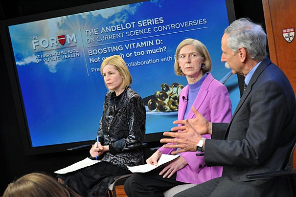 A Harvard School of Public Health (HSPH) webcast forum focused on a report by the Institute of Medicine on new “dietary reference intake” recommendations for both vitamin D and calcium. The panelists included JoAnn Manson (from left) of Harvard Medical School, Bess Dawson-Hughes of Tufts University, and Walter Willett of HSPH. A fourth panelist, Patsy Brannon of Cornell University, joined the discussion via a video uplink.
