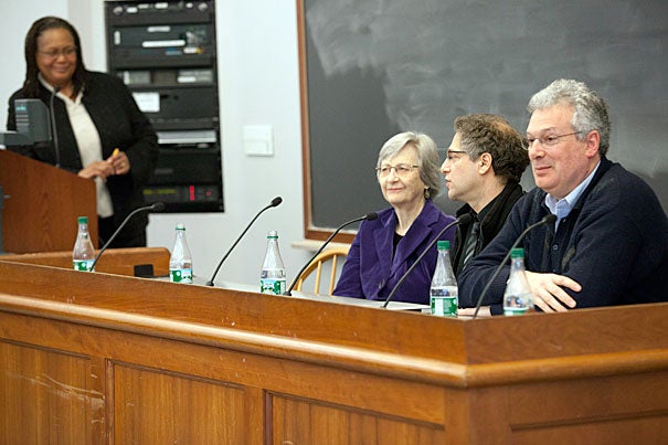 Harvard College Dean Evelynn Hammonds (from left) opened the discussion "Teaching with Collections" by reporting that more than 100 members of the Faculty of Arts and Sciences make Harvard’s collections a centerpiece of courses in areas as disparate as visual and environmental studies, expository writing, the history of science, and stem cell research. Other speakers included Laurel Thatcher Ulrich, Peter Galison, Jeffrey Hamburger, and Farish Jenkins (not pictured).
 