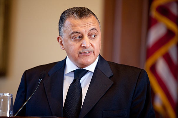 “For so many years, the average person [in Egypt] never had political ambitions in mind,” said Adel Omar Sherif, the deputy chief justice of the Supreme Constitutional Court of Egypt. Sherif spoke at Harvard Law School on April 14. 