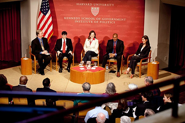 Director of the Institute of Politics Trey Grayson (from left) moderated a panel on the tea party movement featuring Andrew Hemingway, Jenny Beth Martin, Shannon Travis, and Kate Zernike. “They won, and now they have to govern and run on their record, and how that plays out is going to be one of the most interesting stories in American politics,” Grayson said.