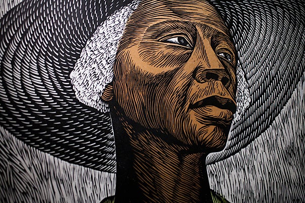 “DIGAME: Elizabeth Catlett’s Forever Love” features work by 96-year-old artist Elizabeth Catlett, including the color linocut "Sharecropper" (above, detail) from the 1950s. The exhibit is on view in the Du Bois Institute's Rudenstine Gallery through May 26. 
