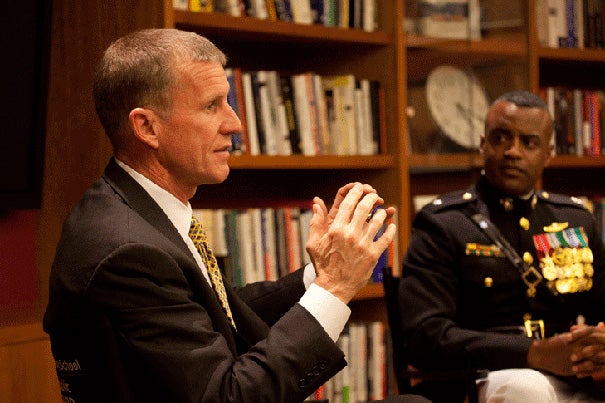 Gen. Stanley McChrystal (left) and  Lt. Col. Jerry Carter spoke with the National Security Fellows at Harvard. McChrystal was the keynote speaker at an event recognizing Harvard's veterans.  "I am very proud that President Faust has led the charge for a return of ROTC," he said in his address to the assembled veterans. "We hope you learn something from us, but we know that you are among our best teachers."