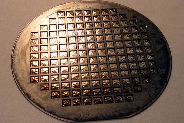 A fully functional solid-oxide fuel cell membrane wafer. The structured surface of each square chip lends stability to the incredibly thin film that is used for the electrochemical membrane. 