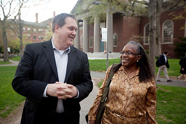 “This experience is a missed opportunity in my life, recaptured,” said Extension School graduate Ethel Stafford. Stafford studied under Harvard lecturer Tim McCarthy (left) at the Bard College Clemente Course in the Humanities for low-income adults before he encouraged her to apply at the Extension School. 