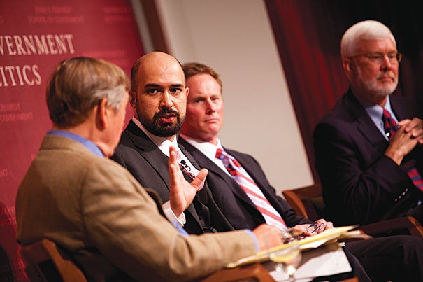 Graham Allison (far left) moderates a discussion at the JFK Jr. Forum with Wajahat S. Khan (left), Bob Kinder, and Rolf Mowatt-Larssen on the death of Osama bin Laden in Pakistan. 
