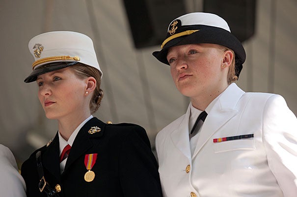 Shawna Sinnott '10 (left) and Olivia Volkoff '10 are two of many Harvard alumni who are serving in the Army, Navy, or Marines. Volkoff, now an engineer at Naval Reactors headquarters in Washington, D.C., says “It’s hard to believe it’s already been a year” since her graduation. Sinnott credits her special concentration "Understanding Terrorism" for her success: “Nowhere else would I have been able to create such an interdisciplinary concentration, learning from experts in every academic field."