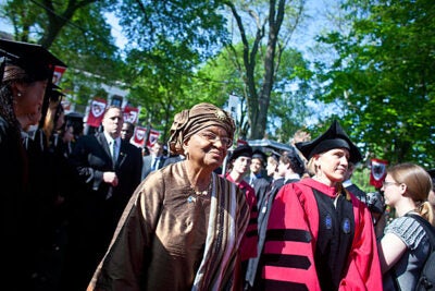 President of Liberia Ellen Johnson Sirleaf (left) arrives in the Yard. Sirleaf was chosen as the speaker for Harvard's Afternoon Exercises.