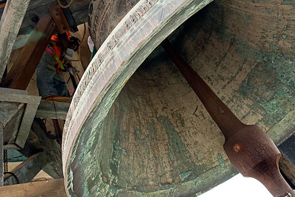 The Lowell House bell, seen here, will join with bells from across Harvard's campus and the surrounding community at 11:30 a.m. and ring for approximately 15 minutes, just after the sheriff of Middlesex County declares the Commencement exercises adjourned.